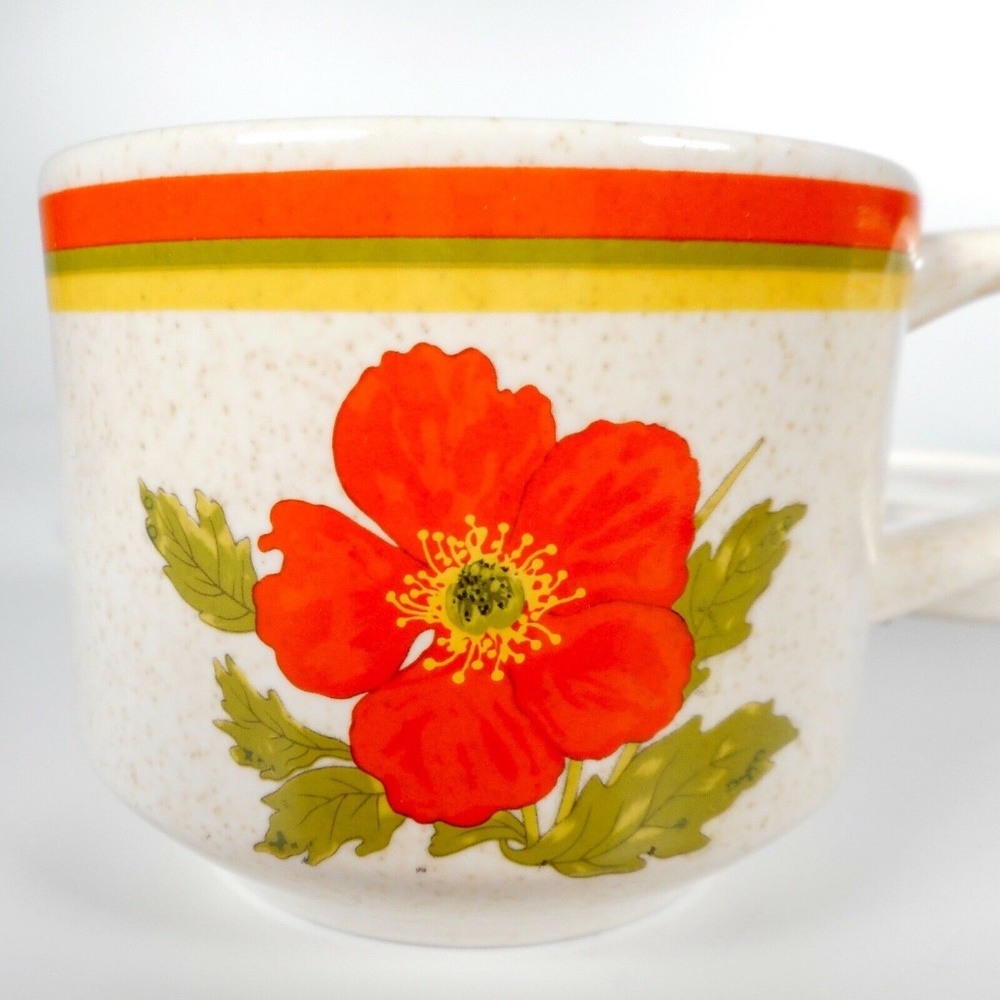 2 Vintage 70s Lenox Orange Fire Flower Temperware Cup Saucer Sets Oven Safe